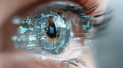 Close-up of a human eye with digital interface overlay, symbolizing advanced technology and data analytics.