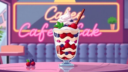 8-bit pixel art of a fancy layered parfait with berries and whipped cream on a café table, retro neon sign in background