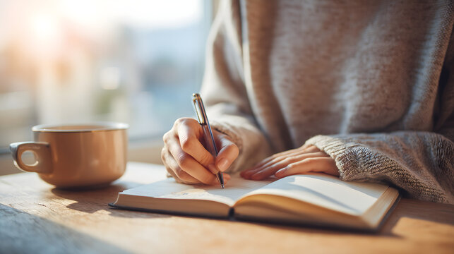 A person writing in a gratitude journal.	A person's hands are shown writing in a journal titled 'Gratitude', next to a cup of herbal tea in a cozy, sunlit setting.
