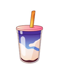 Glass of iced milkshake or bubble tea. Cup of soft drink, refreshing beverage to quench thirst. Milk cocktail with straw. Smoothie with cacao. Flat isolated vector illustration on white background