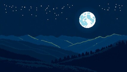 8-bit pixel art of a full moon illuminating a quiet valley, gentle curves of the landscape bathed in silver pixel light, nostalgic nighttime beauty