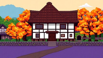 8-bit pixel art of a Gassho-zukuri house in Shirakawa-go with steep thatched roof, surrounded by autumn trees and footpath