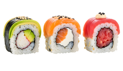 Three kinds of sushi rolls from Japan, set against a white background.