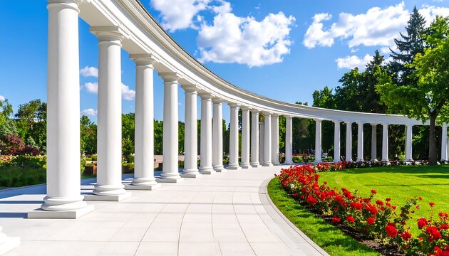 Curved colonnade in a park.  Spacious and bright