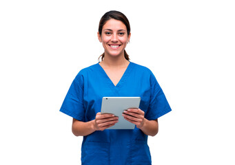 Female medical professional in blue scrubs holding tablet smiling at camera on transparent background, PNG