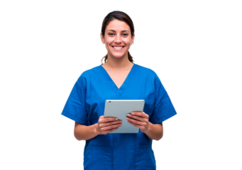 Female medical professional in blue scrubs holding tablet smiling at camera on transparent background, PNG