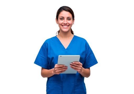 Female medical professional in blue scrubs holding tablet smiling at camera on transparent background, PNG