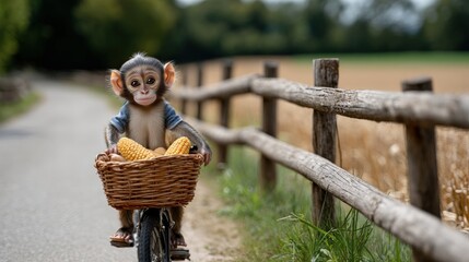 A cute monkey rides a bicycle with a basket of corn on a rural path, surrounded by a wooden fence and fields under a clear sky.