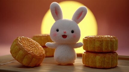 Cute plush bunny with mooncakes and a glowing full moon backdrop, symbolizing Mid-Autumn Festival celebration.