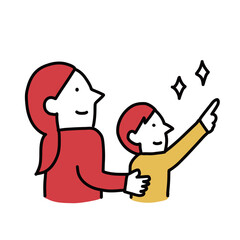 見学　上を見上げる子供と大人のイラスト