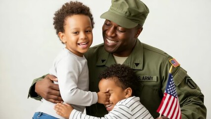 A soldier hugs his children at a homecoming - Powered by Adobe