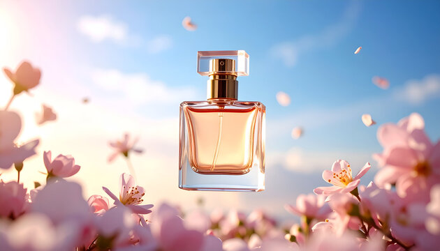 A perfume bottle floating among blooming flowers under a bright sky.