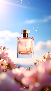 A perfume bottle surrounded by pink flowers against a bright sky.