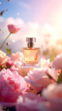 A perfume bottle surrounded by pink roses, evoking a sense of beauty and fragrance.