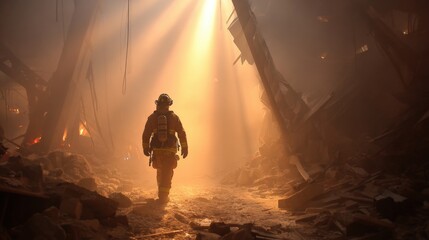 Fototapeta premium A firefighter walks through a smoky, debris-filled scene with beams of light filtering through, highlighting bravery and resilience in a disaster setting.