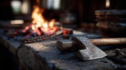 A close-up of a metal axe resting on a stone surface in a dimly lit blacksmith workshop with a fire glowing in the background.