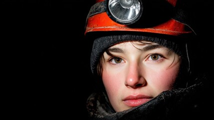 Close-up portrait of a person wearing a red helmet with a headlamp in a dark environment, highlighting adventure and exploration.