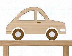 Illustration of a wooden toy car placed on a wooden table with a textured white background. Ideal for children’s themes, handmade concepts, or playful designs.