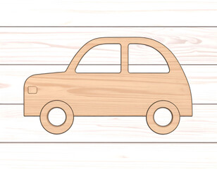 Wooden car silhouette on a light plank background. Great for kids-themed designs, crafts, or rustic decorative visuals with a playful touch.