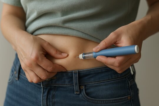 A woman is self-injecting a GLP-1 treatment in her belly using a blue injector pen. Diabetes insulin or semaglutide for weight loss. Faceless close-up shot