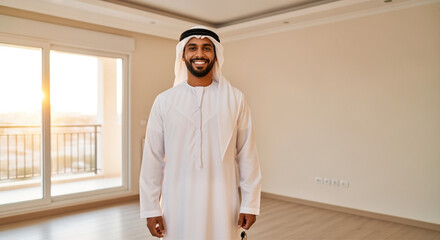 Portrait young adult Arabic man dressed in traditional white Islamic attire stand at living room of new house.