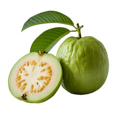 Fresh Green Guava with Leaves – Whole and Halved on  transparent background 