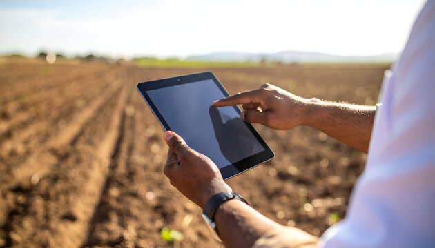 A person using a tablet in an agricultural field, indicating modern farming practices.