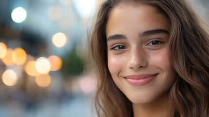 Fototapeta premium Close-up of a young woman with a round face and soft features, smiling gently, with a blurred city background and soft bokeh lights creating a dreamy atmosphere. 