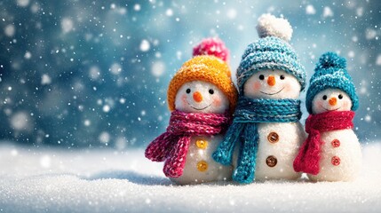 Three cheerful snowmen with colorful scarves and hats stand together in a snowy winter scene, surrounded by falling snowflakes.