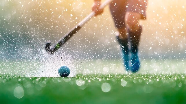 Field hockey player strikes ball in water spray on sunny day