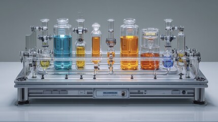 A scientific apparatus with multiple glass containers filled with colorful liquids, showcasing a complex laboratory setup on a metallic base.