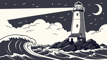 Lighthouse illustration at night with ocean waves and moon for nautical themed designs and coastal artwork