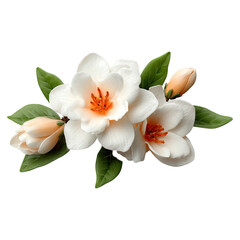 Fototapeta premium Lily gardenia by flower crown concept. Beautiful white flowers with orange centers and green leaves.