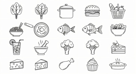 A line art illustration featuring a variety of food items and cooking related objects in black and white