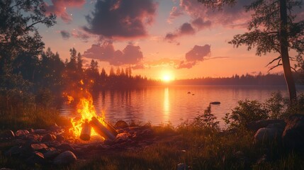 Glowing campfire by the lake at sunset, with open flames and logs