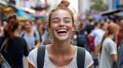Fototapeta premium Close-up of a young woman with freckles, laughing freely as she walks through a busy city street. 