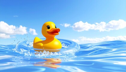 Rubber duck floating on realistic wavy water