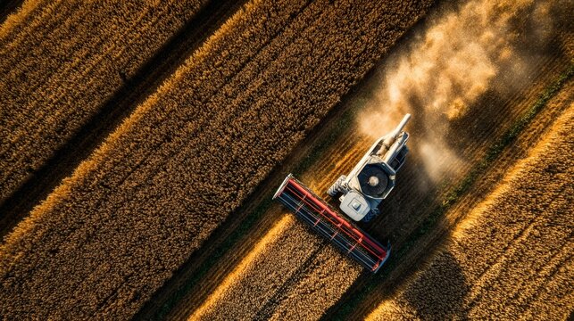 Aerial view of a combine harvester working through golden wheat fields, creating neat rows and dust trails under the warm sunlight.