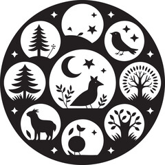 Circular nature scene with animals trees moon stars vector