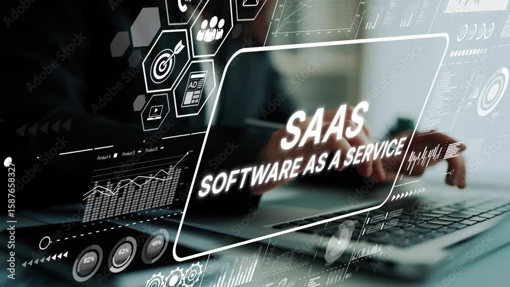 Poster modern concept of software as a service with digital interface and data analysis elements in office 