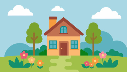 Fototapeta premium A cozy rural house illustration nestled in a vibrant summer nature landscape with green trees, a blue sky, and a grassy meadow