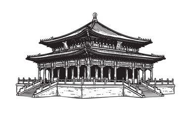 palace or temple woodcut engraving vector illustration