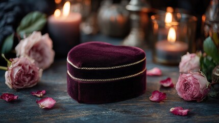 A heart-shaped velvet box surrounded by pink roses and candles creates a romantic, intimate atmosphere on a rustic wooden surface.