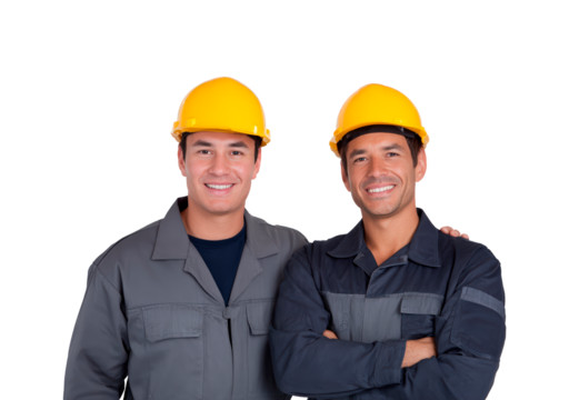 Two hispanic men adults in protective workwear with yellow helmets smiling on transparent background, PNG