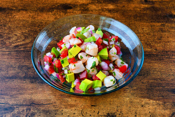 エビのセビーチェ（海老のセビーチェ）（セビチェ, セビッチェ）メキシコ料理 コピースペースあり Mexican shrimp ceviche（Mexican shrimp cebiche, Ceviche de camarón, Cebiche de camarón), copy space available