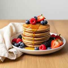 Vegan Pancake Breakfast with Berries and Maple Syrup
