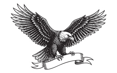 Eagle with blank banner emblem woodcut engraving vector illustration