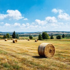 Golden Harvest: Rolling Hay Bales in a Picturesque Rural Landscape Under a Bright Blue Sky