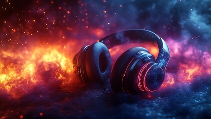 Fototapeta premium Futuristic headphones on fiery background with glowing red and blue
