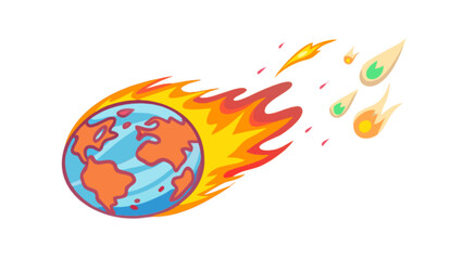 Planet earth on fire meteorites asteroids space danger global disaster cartoon illustration vector image
